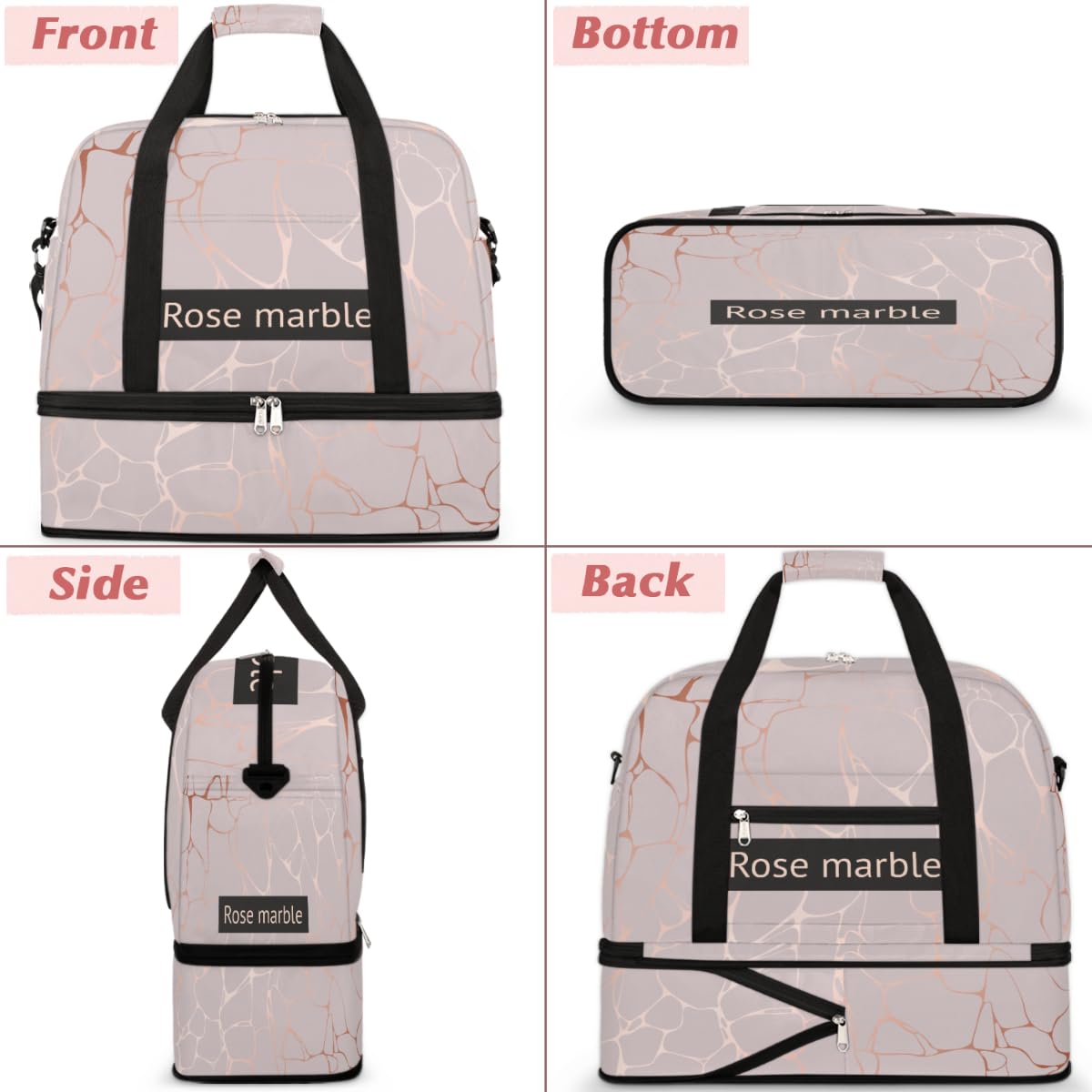 Bolsa de viaje plegable de mármol rosa, bolsa de fin de semana de mármol de 47 litros con funda de carrito de hombro separado para deportes, gimnasio, viajes, multicolor, 47L, Bolsa de viaje