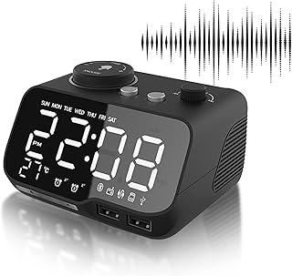 Led Digital Radio Alarm Clock, Digital Dual Alarm Clocks with Snooze Function, Adjustable Volume and Brightness, Black Silent alarm clock with Wireless Bluetooth, AUX Port and Two USB Charging Ports