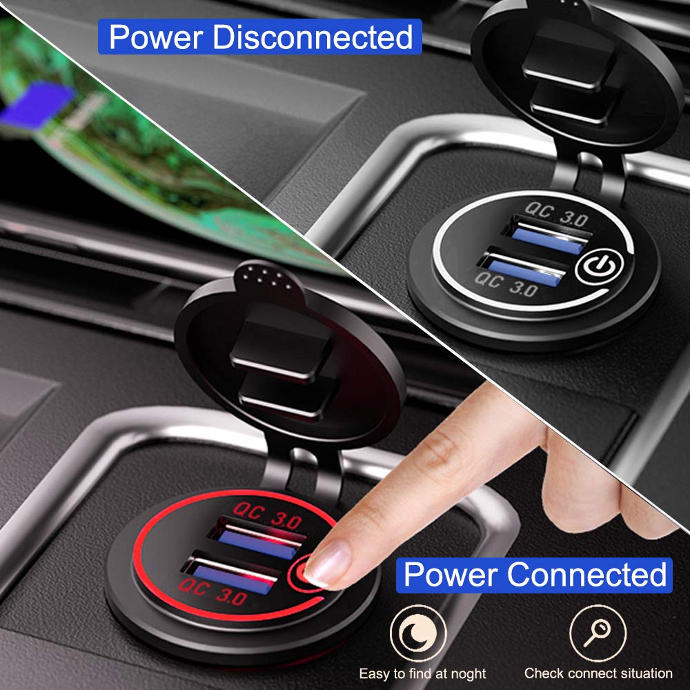 Chargeur USB Double QC 3.0 Pour Voiture/moto - 12V/24V, étanche, Interrupteur Tactile - Puissance Max 36W (2x18W) - 7