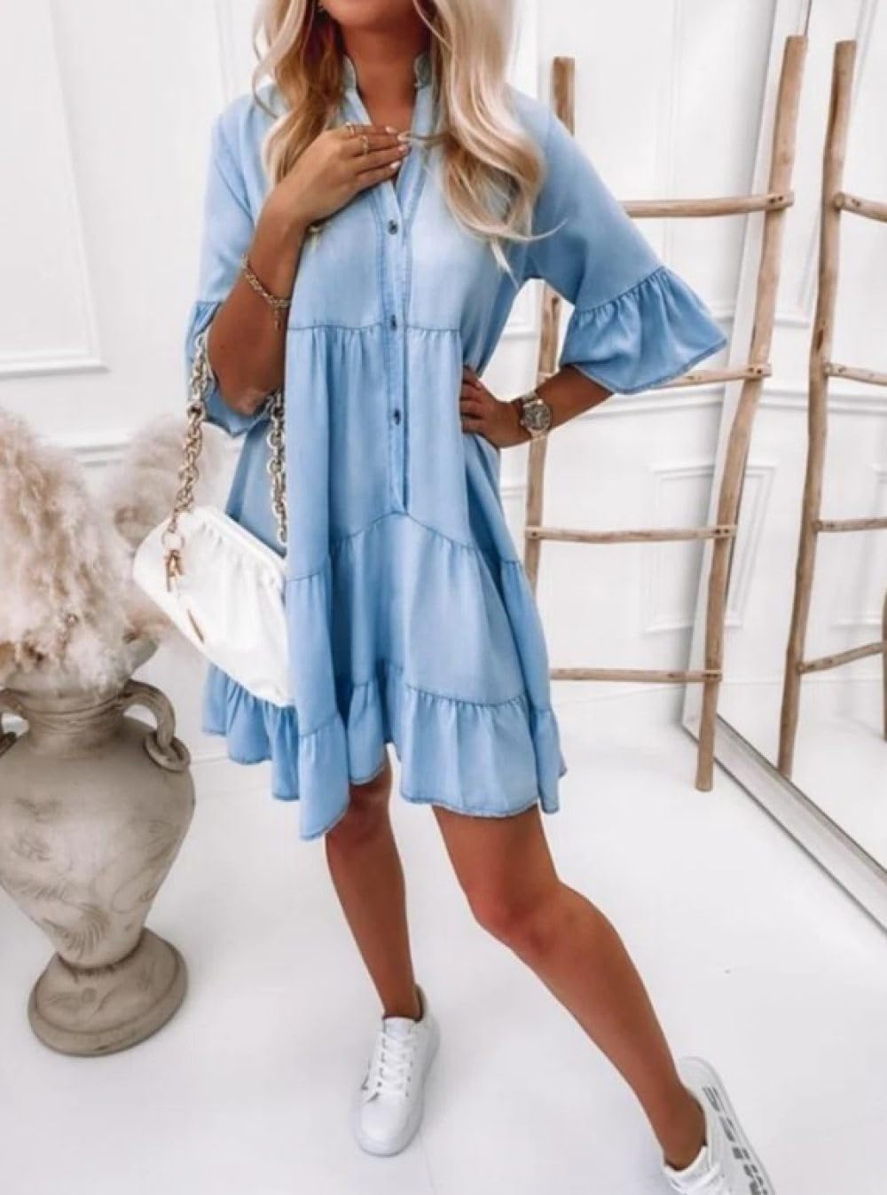 Damen Kleider Sommer,Damen-Jeanskleid Im Vintage-Stil Gewaschen Hellblau Rüschen Halbe Ärmel Reverskleid Lässig Locker Hemdblusenkleid Mit Knopfleiste Sommer-A-Linie Gestuft Fließendes Jeansklei