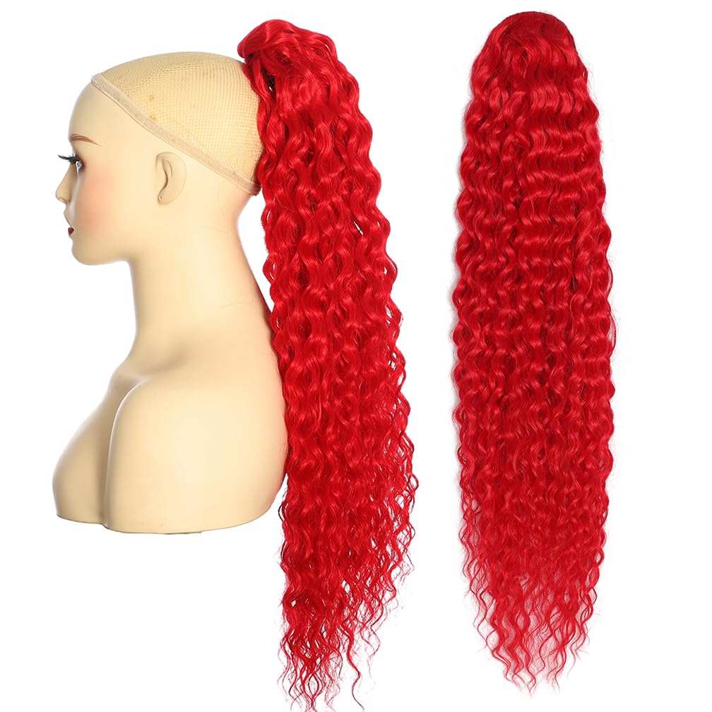 BALINGHAIR Deep Wave Ponytail Extension for Women 24 Inch Red Curly Wavy Ponytail Hair Extensions Drawstring with Clips Short Synthetic Hairpiece for