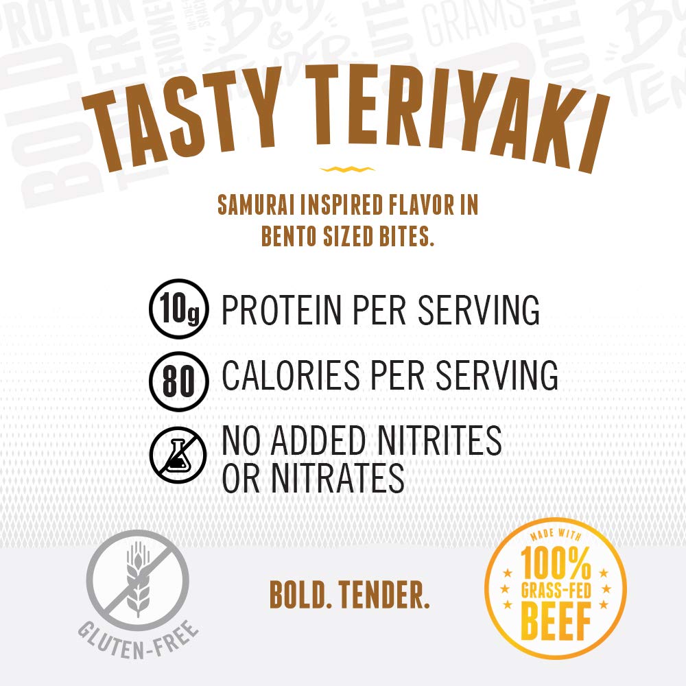 Perky Jerky Tasty Teriyaki 100% Grass Fed Beef Jerky, 1oz (Pack of 12) - Antibiotic Free - 10g Protein Per Serving - Low Fat - Tender Texture