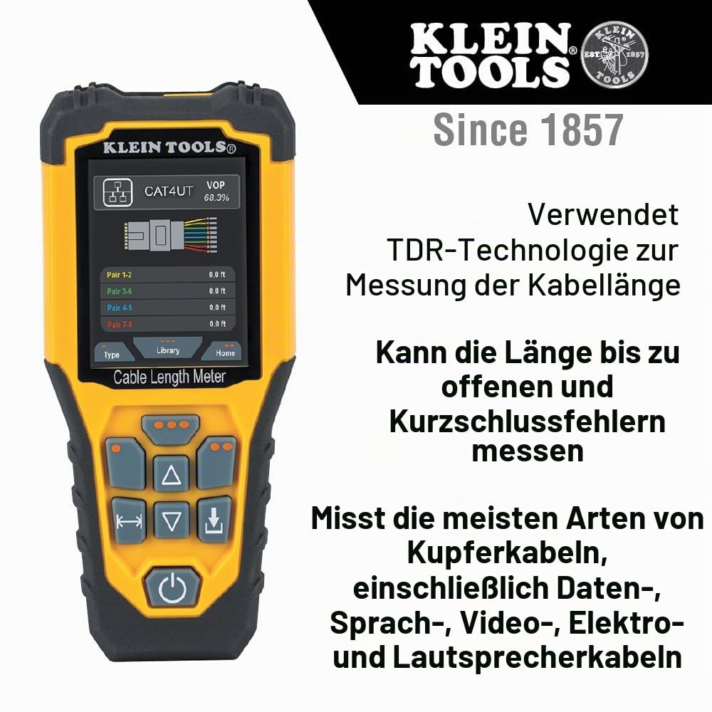 Klein Tools 501‑915 Kabellängenmessgerät | TDR-Technologie bis 3000 m | Für Koax-, Netzwerk- & Stromkabel | Fehlerortung | Farbdisplay | inkl. Testleitungen & Tasche