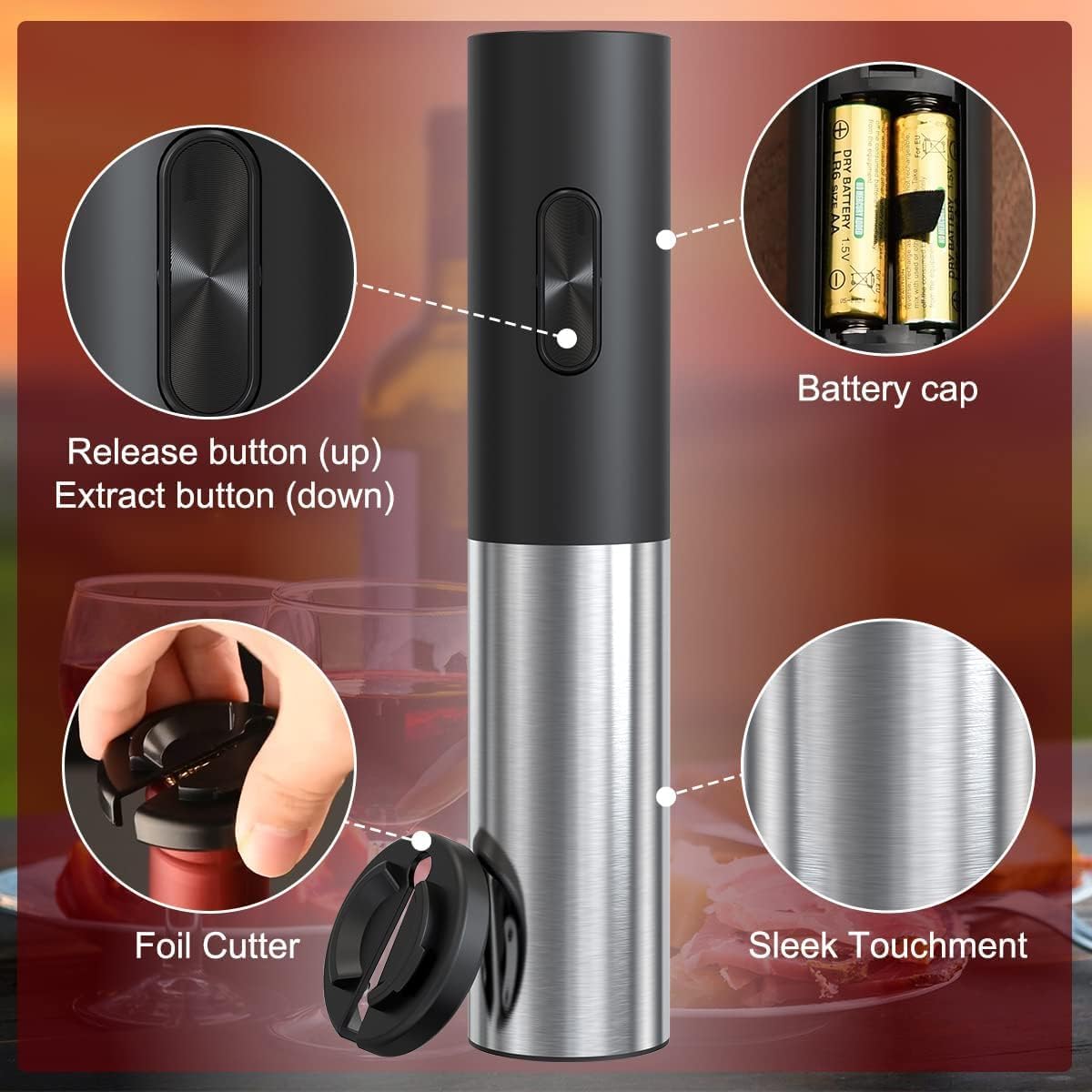 Electric Wine Opener Battery Operated, Automatic Electric Wine Bottle Opener with 2 in 1 Wine Stopper and Portable Corkscrew Foil Cutter, Wine Gifts