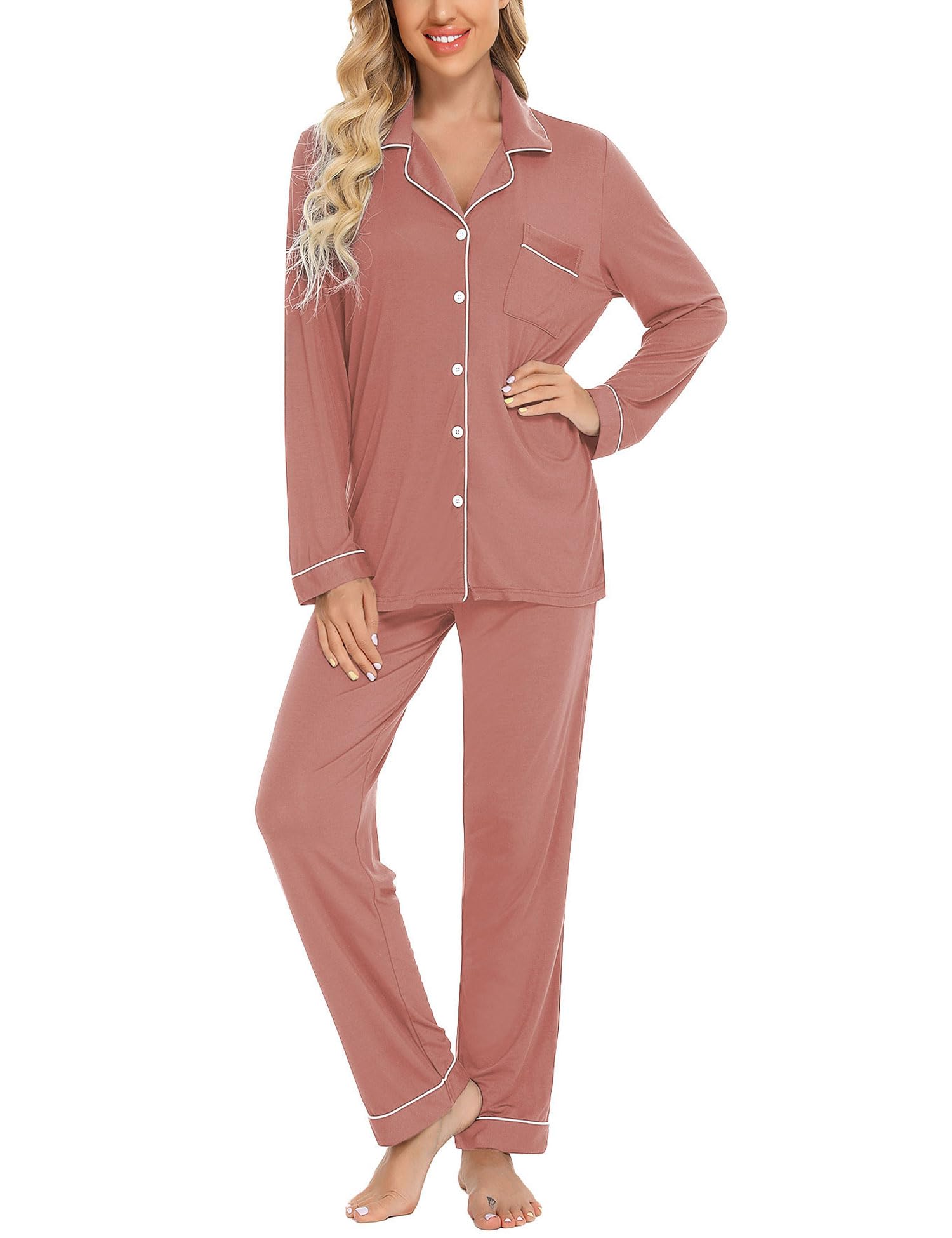 Samring Pajamas Womens Long Sleeve Sleepwear Button Down Pj Sets Soft Loungewear Pajama Set for Women S-XXL
