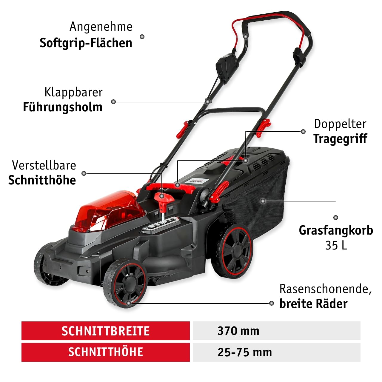 WALTER Akku Rasenmäher Set 3in1 mit Rasentrimmer und Heckenschere 40V Rasenmäher 20V Gartengeräte Set inkl 2X Akku und Schnellladegerät