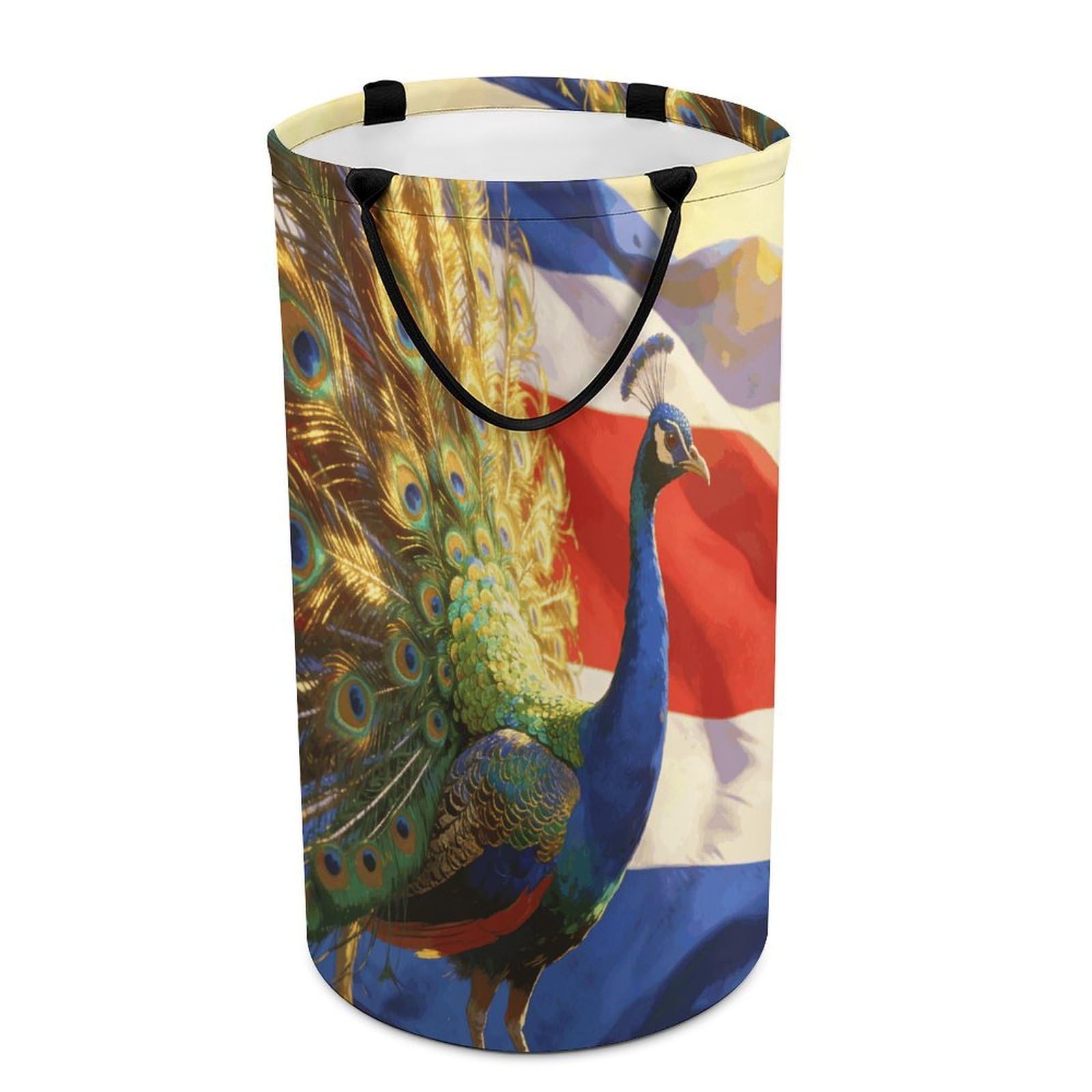 Colorful Peacock And National Flag Laundry Hamper 86L Waterproof Collapsible Clothes Basket with Double Handles Freestanding Foldable Laundry Basket Large Clothes Hamper for Bathroom