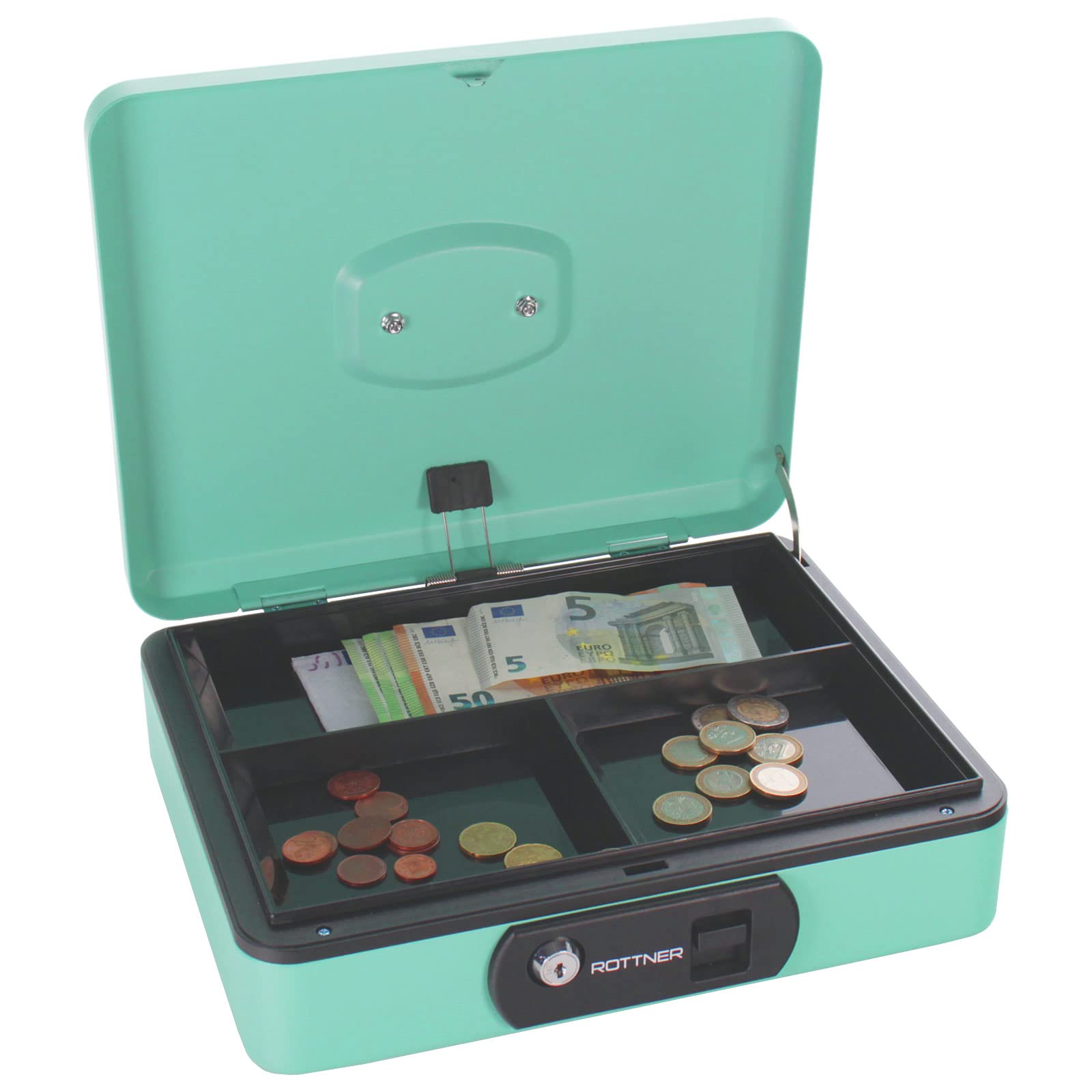 Rottner cassetta portavalori Pro Box Two turchese, serratura a cilindro con 2 chiavi, (LxHxP) 30 x 9 x 24 cm, con scomparto per contanti nero, maniglia per trasporto retrattile