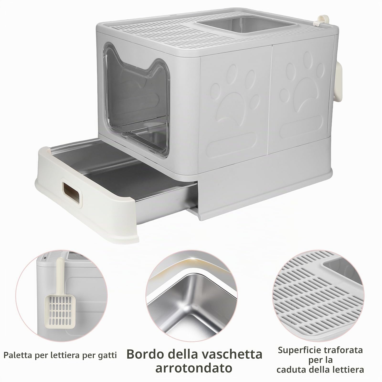 Lettiera XL per gatti con coperchio, lettiera in acciaio inossidabile con vassoio estraibile e paletta, 51 x 41 x 38 cm (Grigio, Classico)