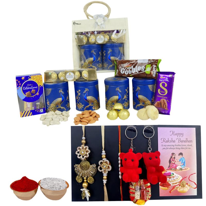 Image of NUTRI MIRACLE Rakhi & Dry Fruit Combo Gift Hamper for Brother with Tilak Set, Assorted Chocolates and Greeting Card