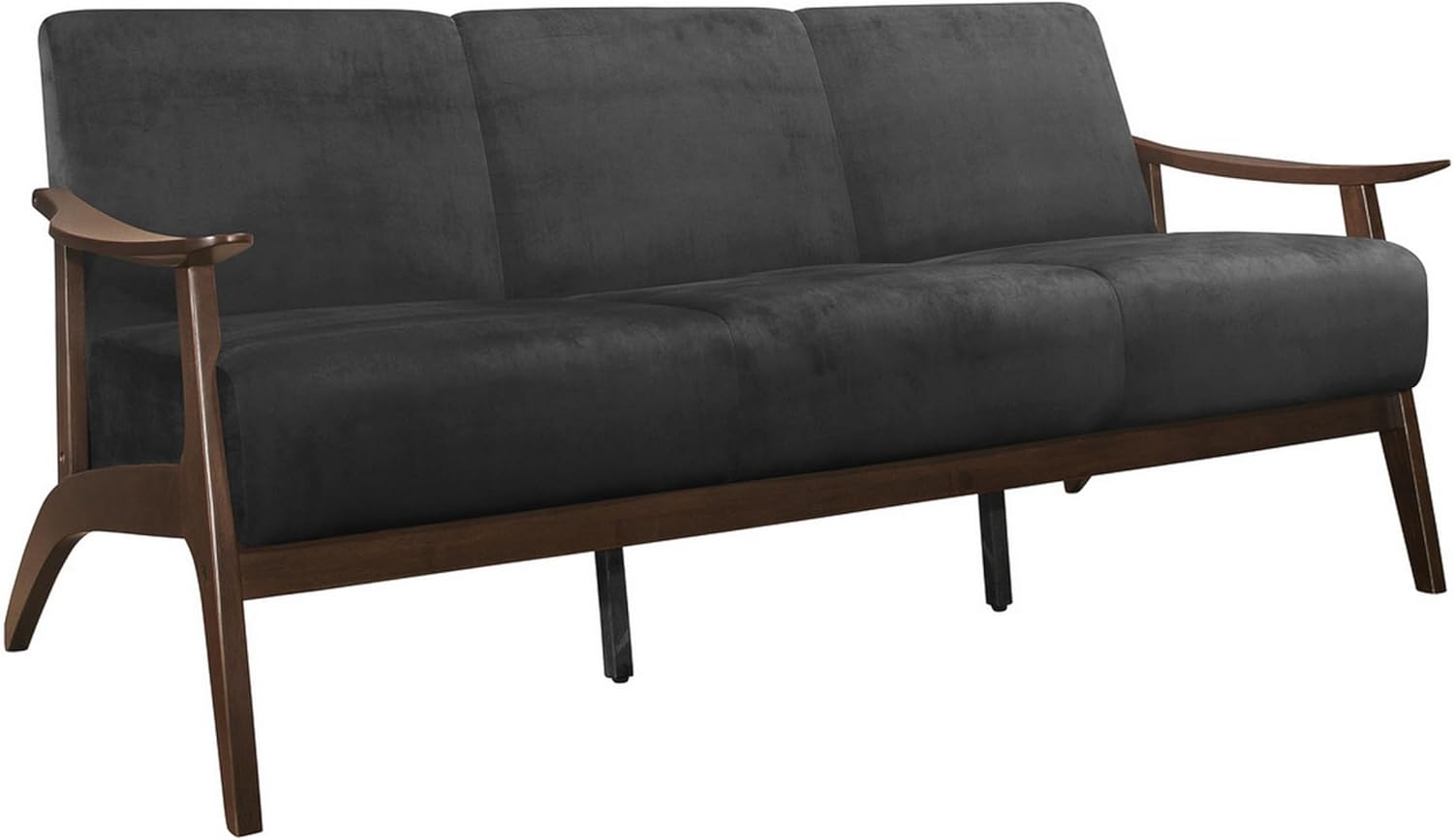 Benjara Rica 73 Inch Sofa, Soft Dark Velvet, Walnut Solid Rubberwood, Gray and Brown