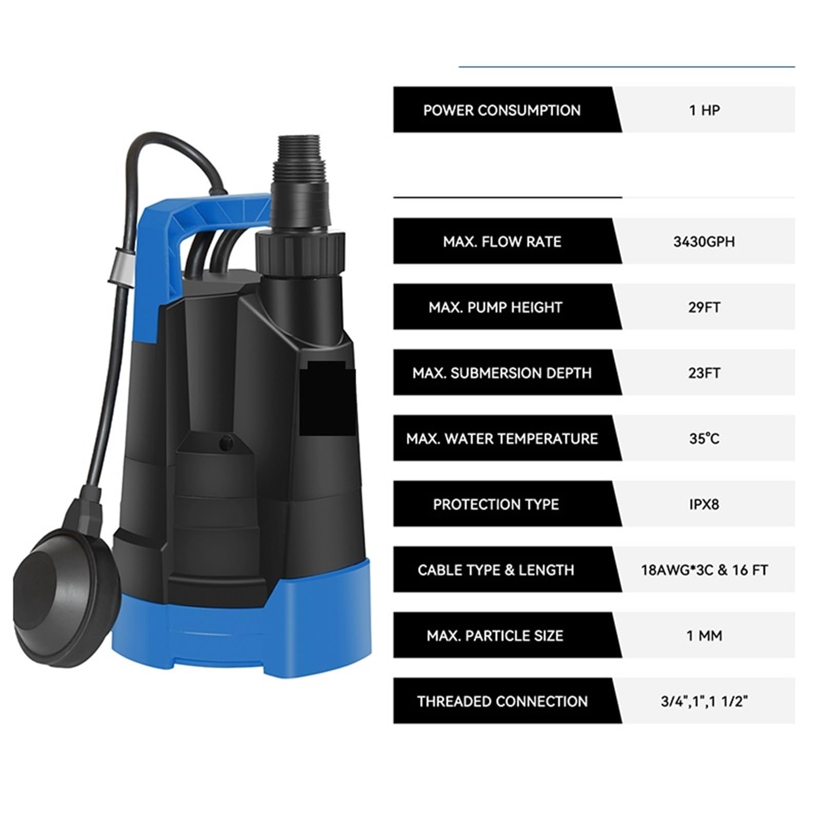 Bomba de Agua Sumergible portátil de 3430 GPH y 1 H for Piscinas, con Interruptor de Flotador automático. Estanque, Piscina, Piscina Infantil