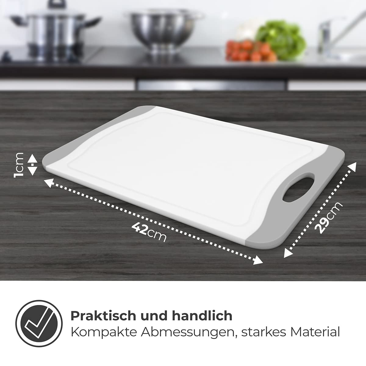 Set 3 Taglieri In Plastica Senza BPA - Antiscivolo Con Scanalatura E Manico, Grigio/Bianco - Foto 4