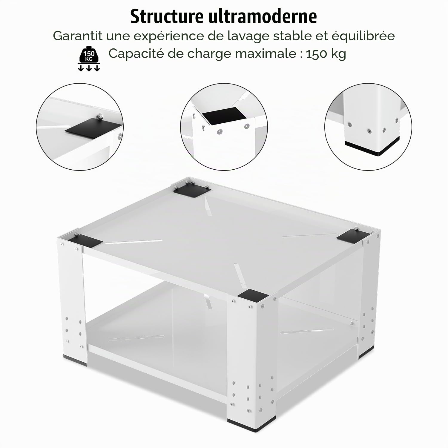 Fiqops Support de machine à laver avec étagère jusqu'à 150 kg, meuble bas pour machine à laver, socle stable pour sèche-linge, réfrigérateur, 60,6 x 60,6 x 40 cm, blanc