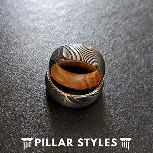 Pillar Styles Silver Whiskey Barrel Rings With Damascus Steel 8Mm Whiskey Wood Rings For Men thumb #3
