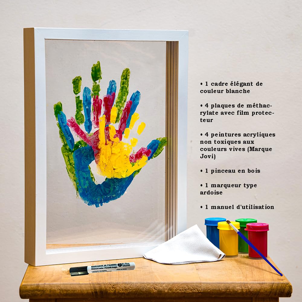 Kit d'empreintes familiales avec cadre-peintures non toxiques-plaques acryliques, outils pour le bricolage - Parfait pour la fête prénatale, les nouvelles mamans et la décoration de la maison (Blanc)