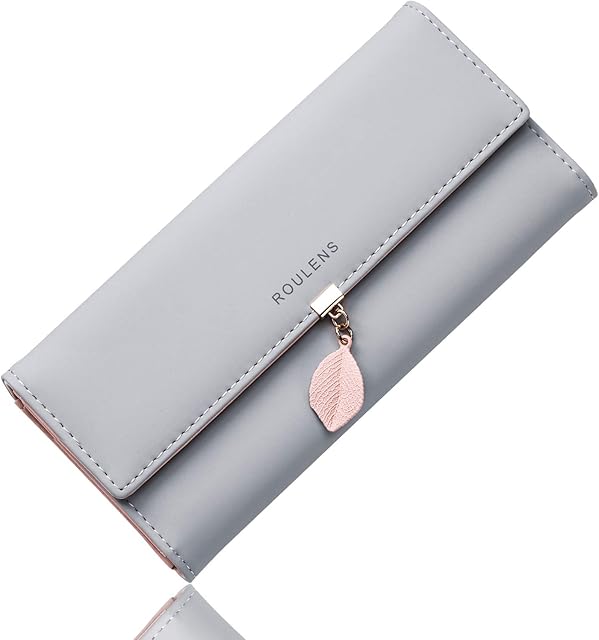 Roulens Ladies Purse, RFID Blocking PU Leather Wallet for Women Leaf Pendant Zipper Coin Long Purse with Multiple Card Slots and Roomy Compartment