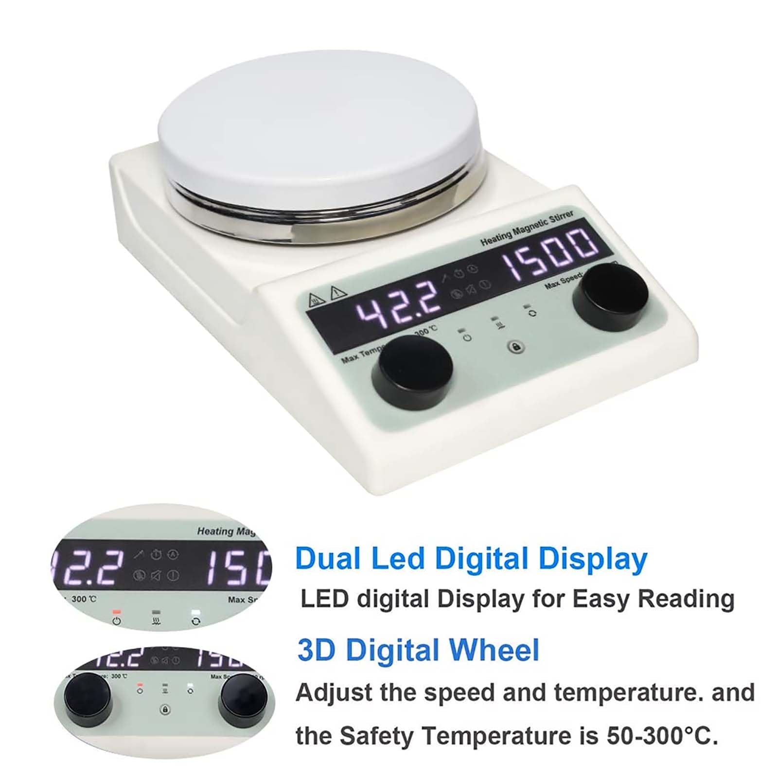 Agitador magnético Digital de Placa calefactora con función de temporización, Placa de agitación de Laboratorio con Barra agitadora y Sensor de Temperatura, 100-1500 RPM, Mezclador