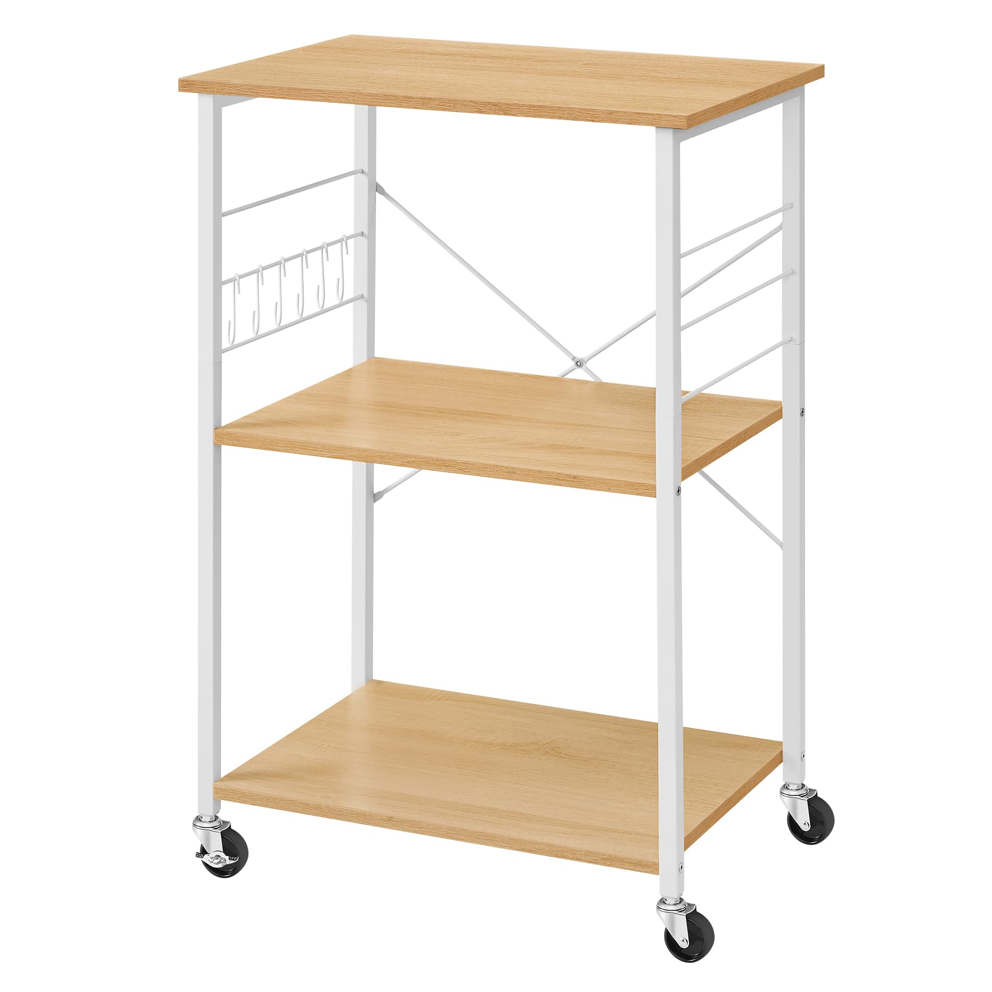 VASAGLE Kitchen Shelf on Wheels, Serving Trolley with 3 Shelves, Microwave Shelf, for Mini Oven, Toaster, with 6 Hooks, Industrial Style, Golden Oak and Cloud White KKS060Y09