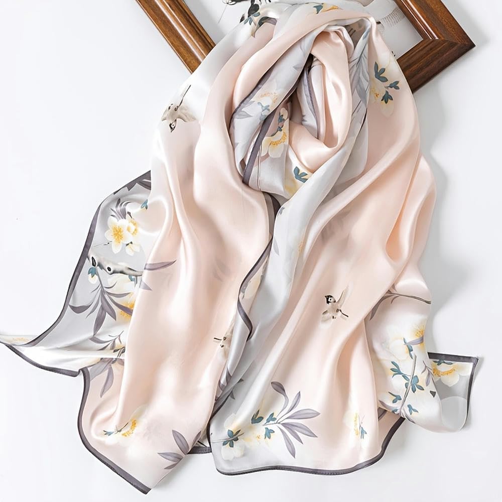 SYJYM - Elegante Bufanda de Seda Rosa Claro para Mujer, Seda Morera, diseño Vintage de pájaros y Flores, Chal Transpirable
