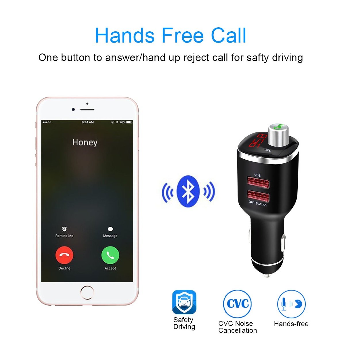 Universal Car MP3 Player Hands Free Bluetooth FM Transmitter Adapter for Car Stereo and Doul USB Charger