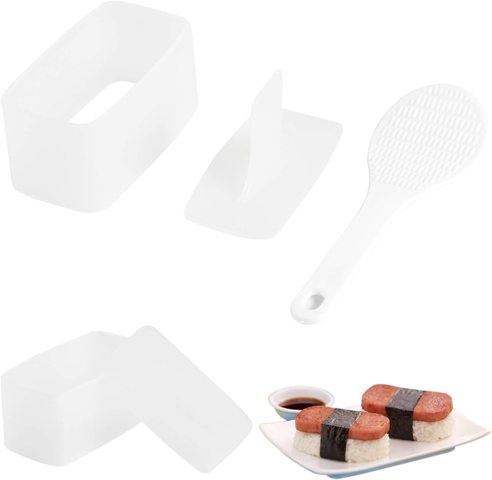 2 Pack Non Stick Musubi Maker Press with Small Rice Paddle, Sushi Making Kit Onigiri Mold Luncheon Meat Press Hawaiian Musubi Maker Mold (White)
