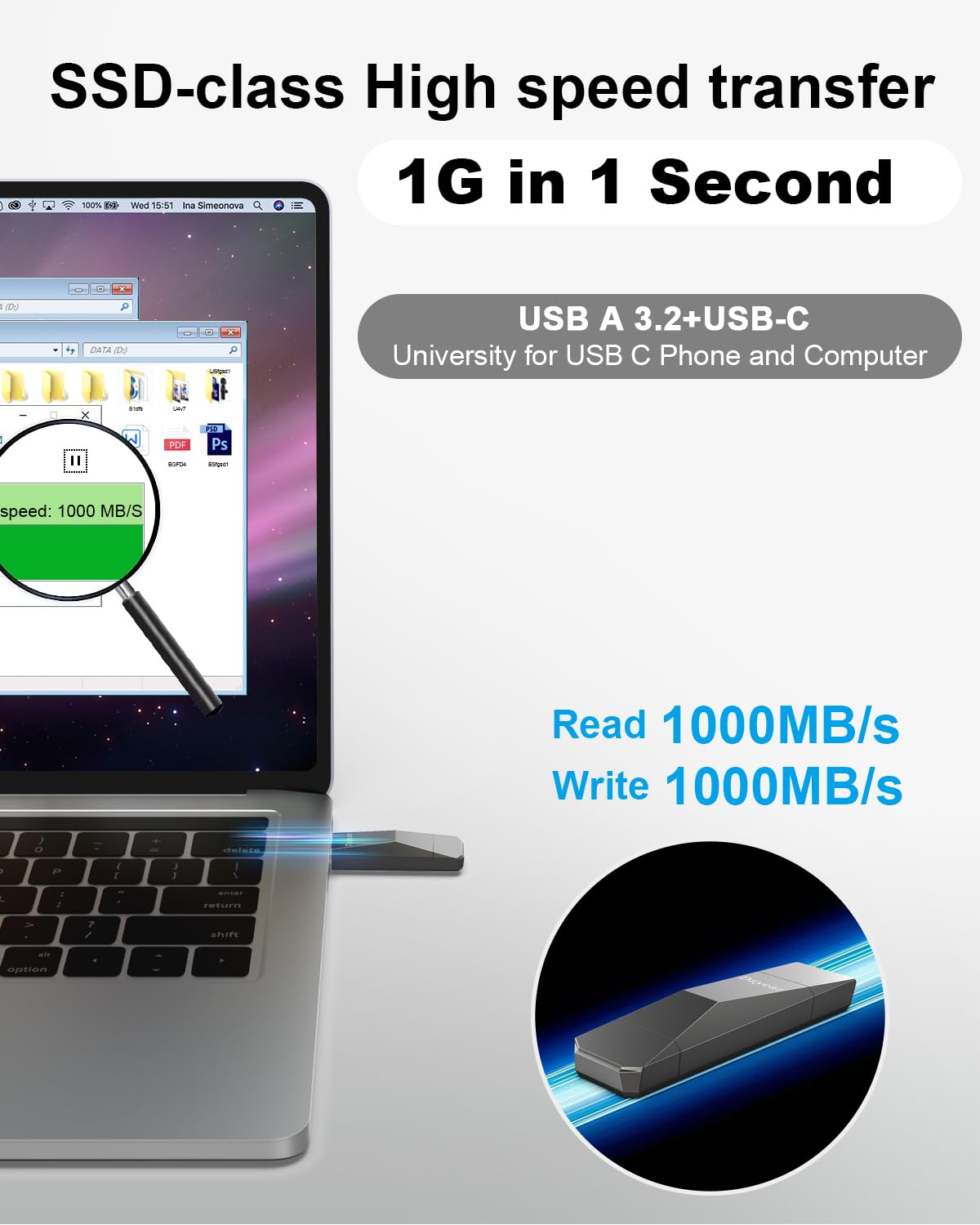 Chiavetta USB C da 256 GB, 2 in 1, USB C Flash Drive USB A 3.2 Gen2, 500 MB/s ad alta velocità, per i-Phone 15/15 Plus/15 Pro/15 Pro Max/USB-C iPad/Android/Laptop/Mac