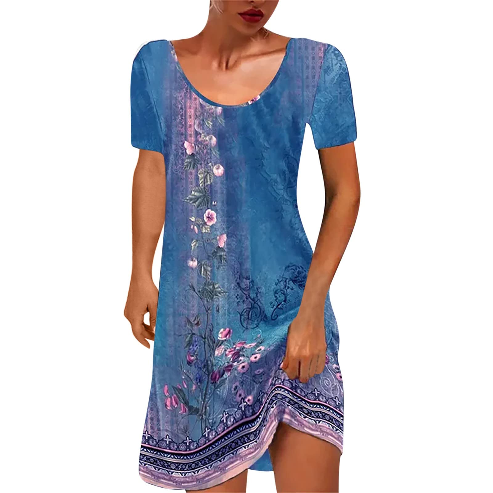 Summer Dresses for Women Boho Floral Print T-Shirts Dress Short Sleeve Sundresses Vintage Loose Tank Dresses