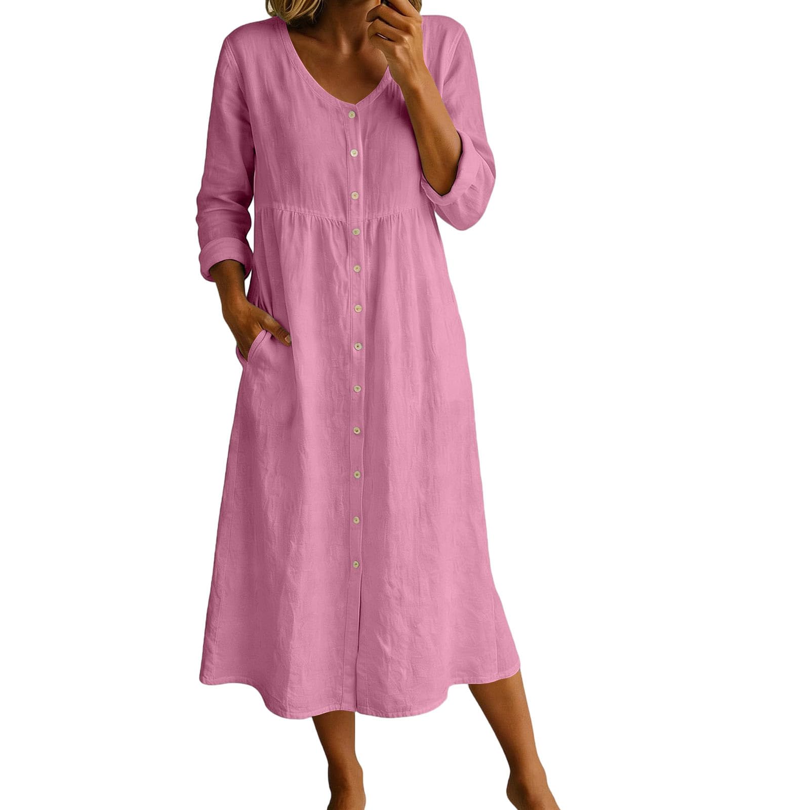 Sommerkleider Damen Leicht Luftig Casual Baumwolle Leinen Maxikleid V-Ausschnitt Musselin A-Linie 3/4 arm Leinenkleid Hohe Taille Freizeitkleid Blusenkleid Shirtkleid Strandkleid