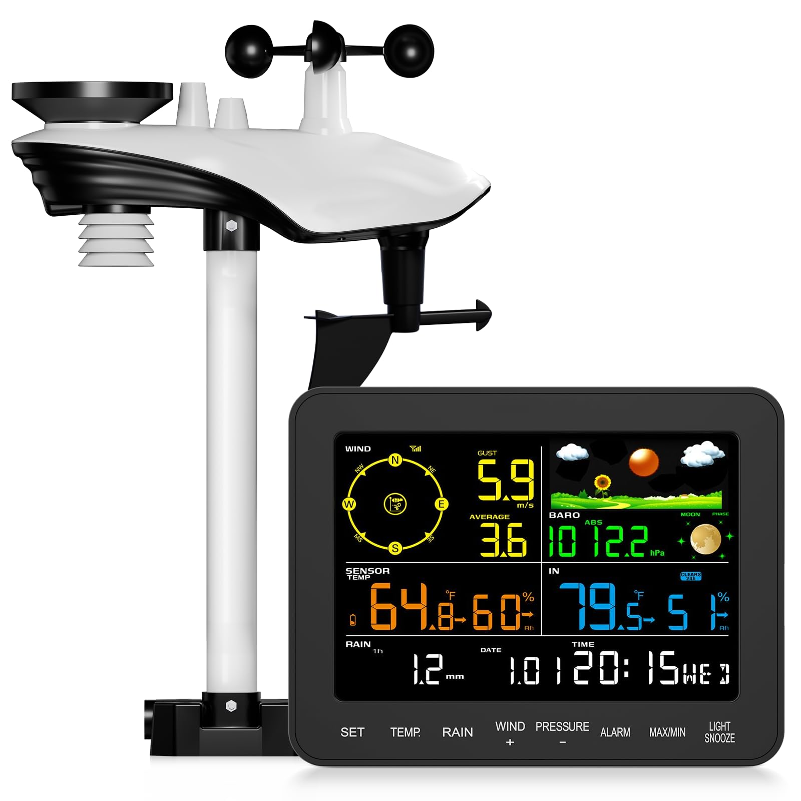 Weather Stations Wireless Indoor Outdoor, Home Weather Station with Rain Gauge, Anemometer, Barometer, Temperature & Humidity Monitor, Moon Phase, Alarm Clock for Garden, Farm（ No WiFi ）-image-7