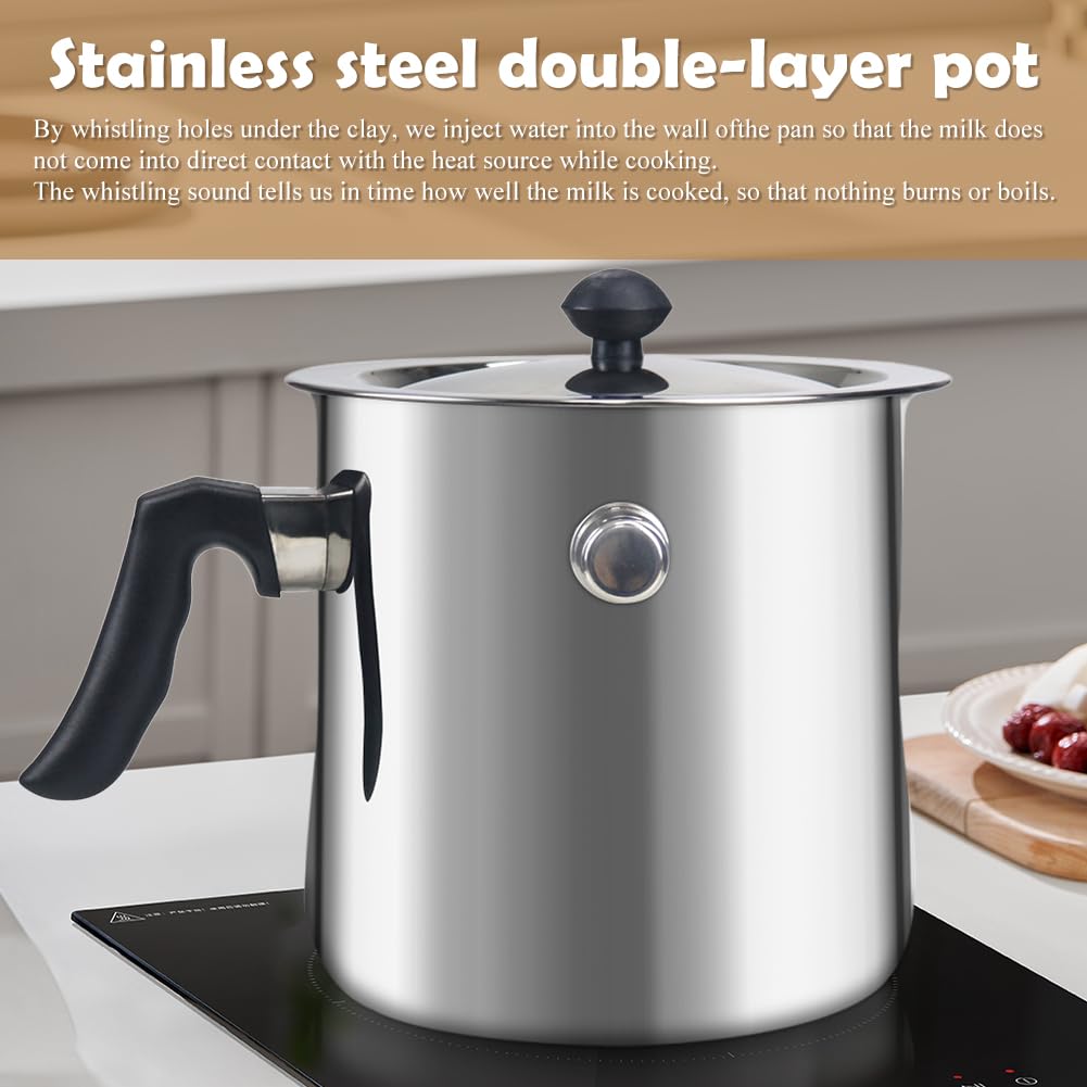 Pentola per latte con coperchio, 1,5 l, con pipa, a doppia parete, con manico in bachelite, per budini, bagnomaria, in acciaio inox, per induzione a gas (argento, acciaio inox)