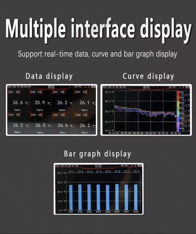 Registrador de datos de temperatura de termopar de 8 canales, prueba multicanal con pantalla TFT de 5" for uso industrial y de laboratorio(16Channel)