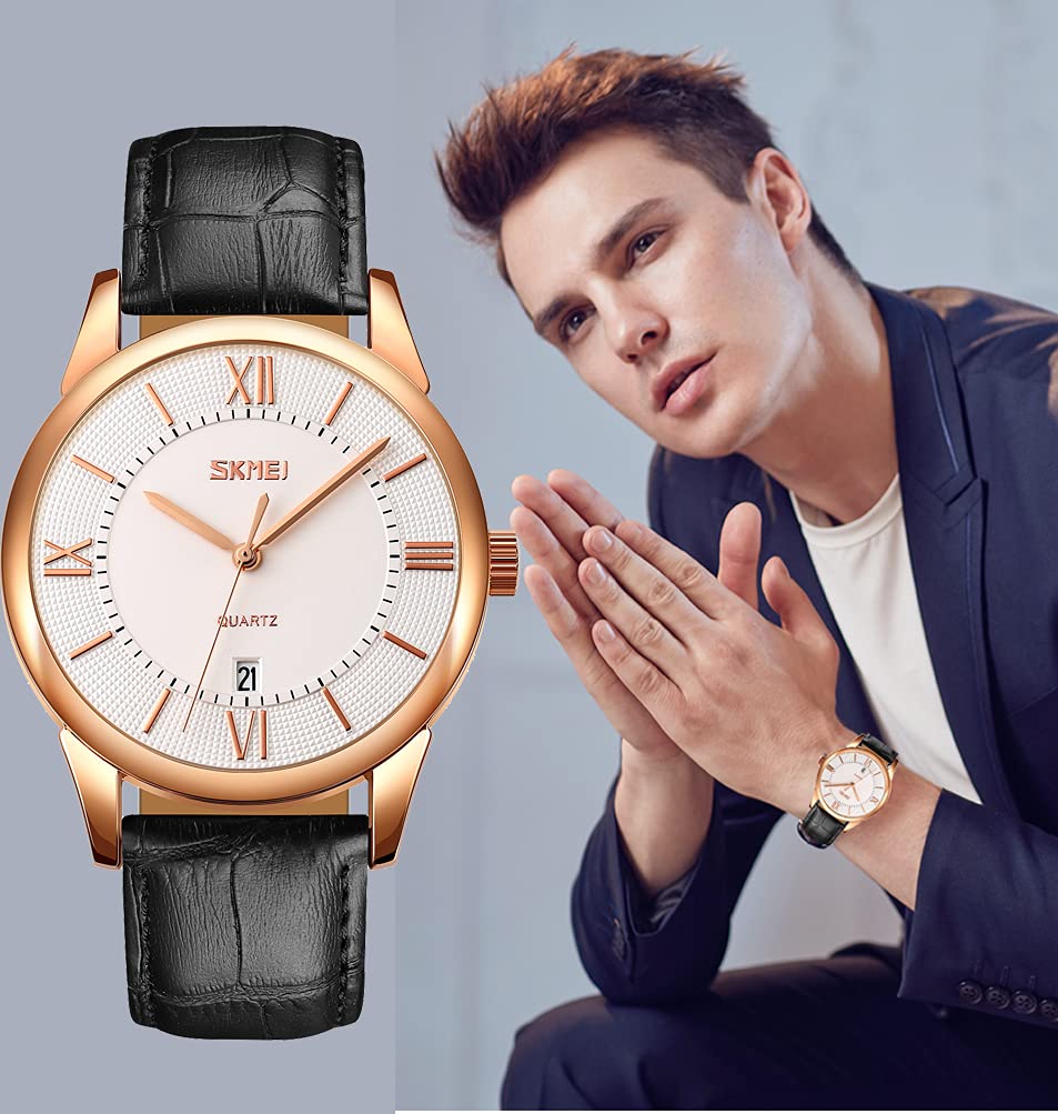 SKMEI Orologio da polso da uomo con cinturino in pelle, minimalista, alla moda, casual, impermeabile, al quarzo, da uomo, 9261-BMHP, 40, Orologio al quarzo