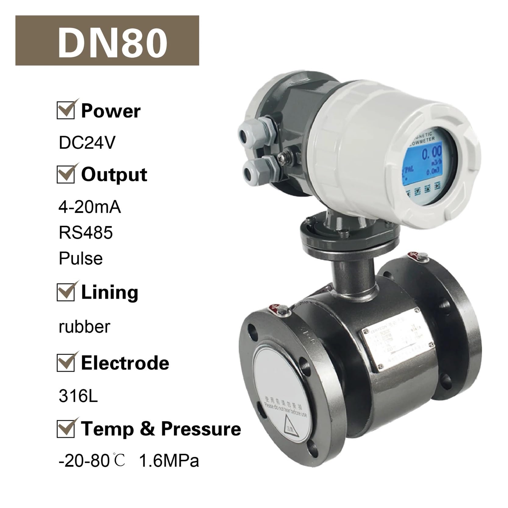 Caudalímetro electromagnético, caudalímetro magnético, sensor digital de caudal de líquidos, caudalímetro electromagnético industrial, caudalímetro de agua y fluidos. para Agua Líquida, Diésel(DN80)