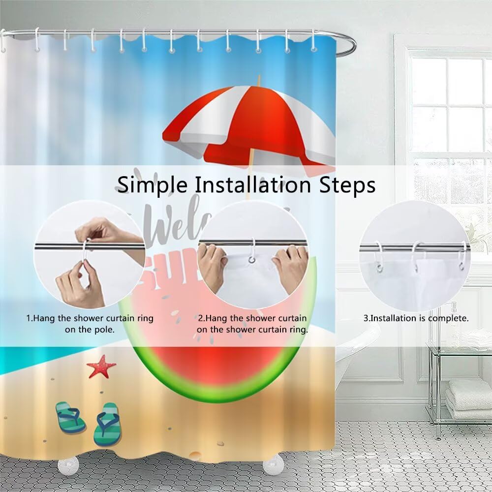 Summer Shower Curtain Red Watermelon Fruit Shower Curtain Set with Hooks Beach Welcome Summer Cool Juice Polyester Fabric Shower Curtains 72x78 inches