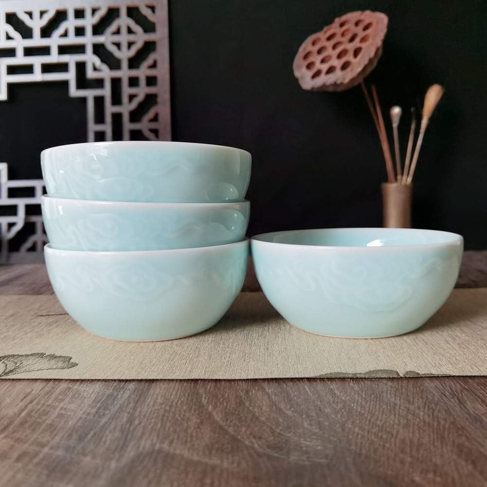 Chinese Rice Bowls 10-Ounce 4.5 inch Celadon Glazed Cereal Bowl Embossed with Auspicious Clouds Porcelain(Set of 4) (Sky Blue)