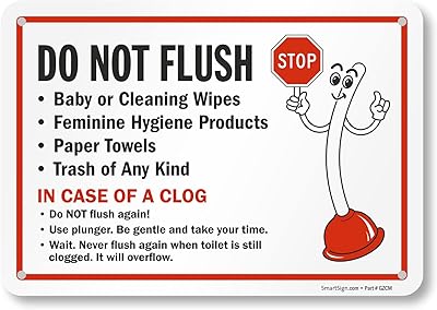 SmartSign 7 x 10 inch “Do Not Flush - Baby Wipes, Feminine Hygiene Products, Paper Towels, In Case Of A Clog Do Not Flush Again†Sign, Digitally Printed, 55 mil HDPE Plastic, Red, Black and White