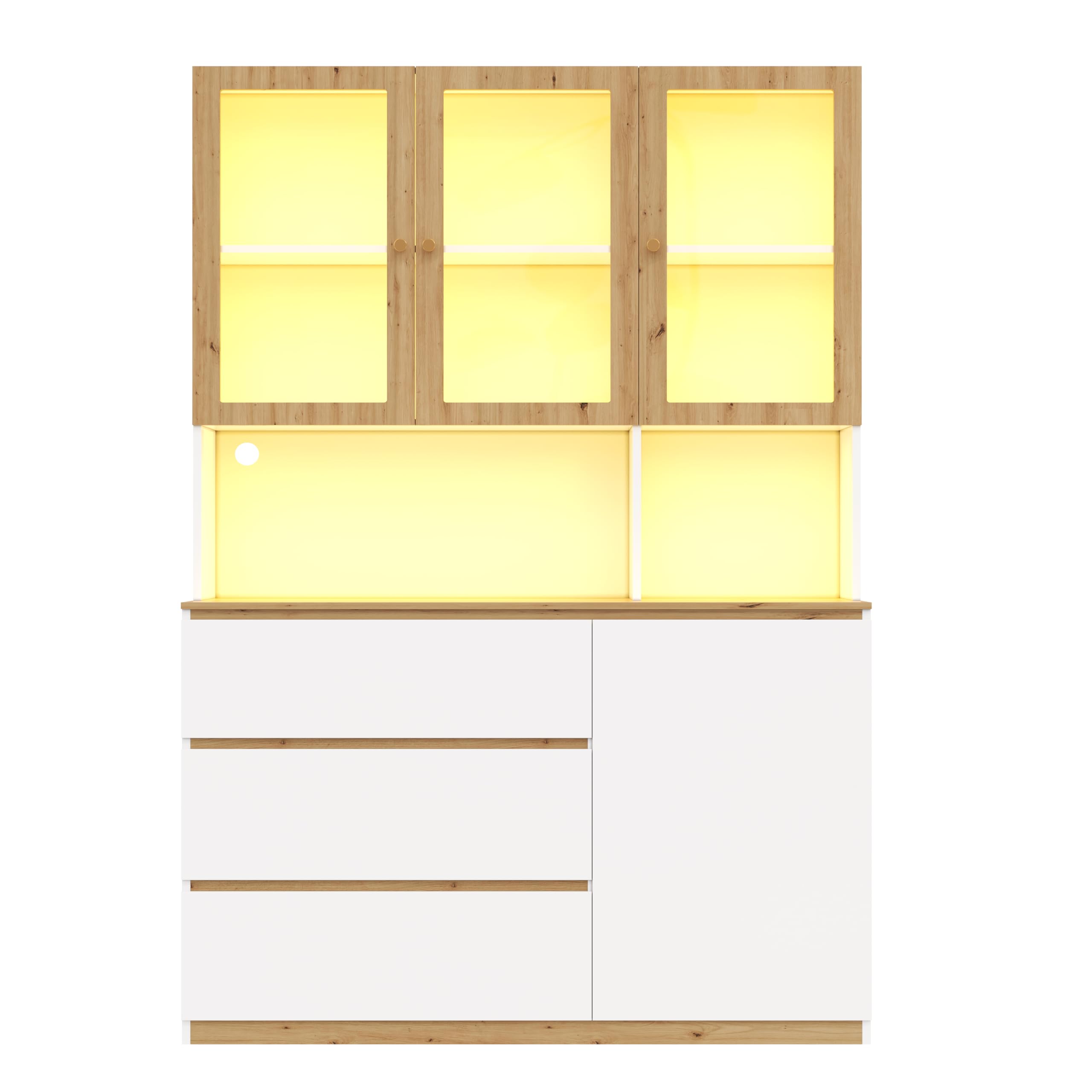 Merax Vitrine Hochschrank mit LED 120×24,5×200 cm, Glasvitrine mit 3 Schubladen und Tür, offenes Fach mit Kabelmanagement, Standmöbel für Wohnzimmer Esszimmer Küche, Weiß+Holzfarbe