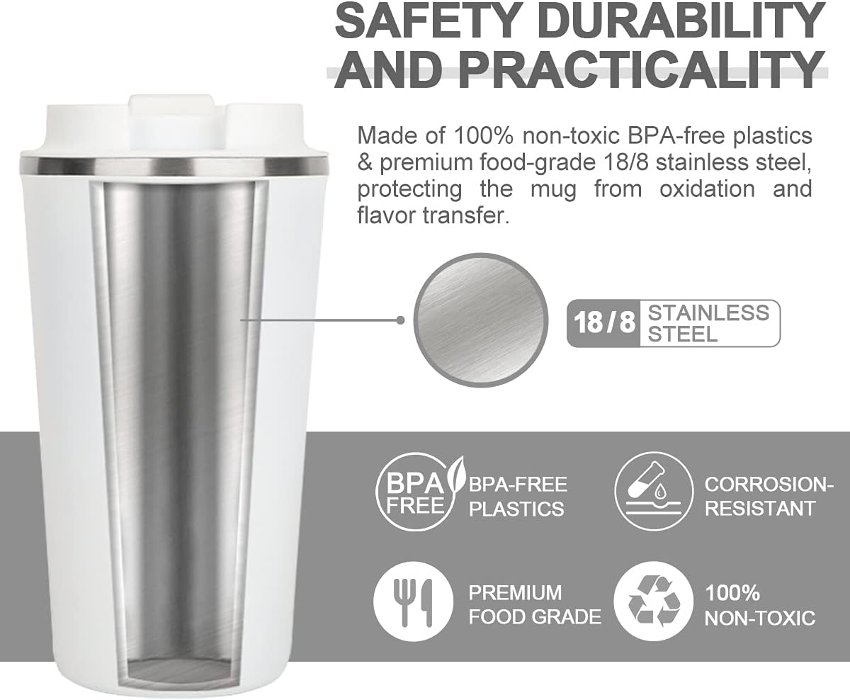 Life's Easy - 16 oz. Stainless Steel Coffee Tumbler Mug with Leak-Proof Lid -Vacuum Insulated Travel Cup for Hot/Cold Drinks - Spill-Proof Thermal Flask - Double Wall Steel Insulated Coffee Mug(White) - Image 8