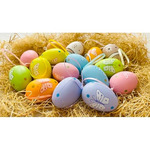 MountainBay Ostereier Deko Geschenksbox 15er Set in 1 Wiedergeholte Aufbewahrungsbox Bunte Ostereier mit Band zum Aufhängen Osterdekoration aus Plastik ca. 4 x 6 cm Cover