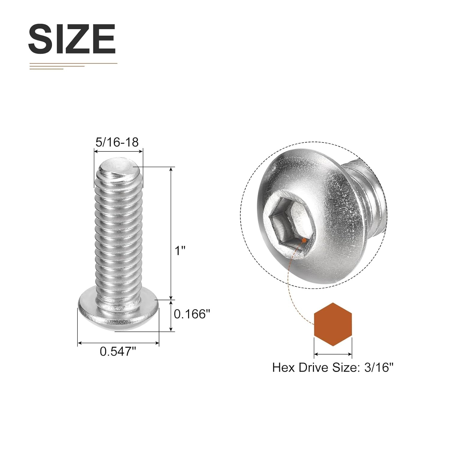 DTGN 5/16-18x1 Button Head Socket Cap Screws - 50Pack - Good for Machine - 304 Stainless Steel 18/8 - Hex Drive Full Thread UNC Fasteners