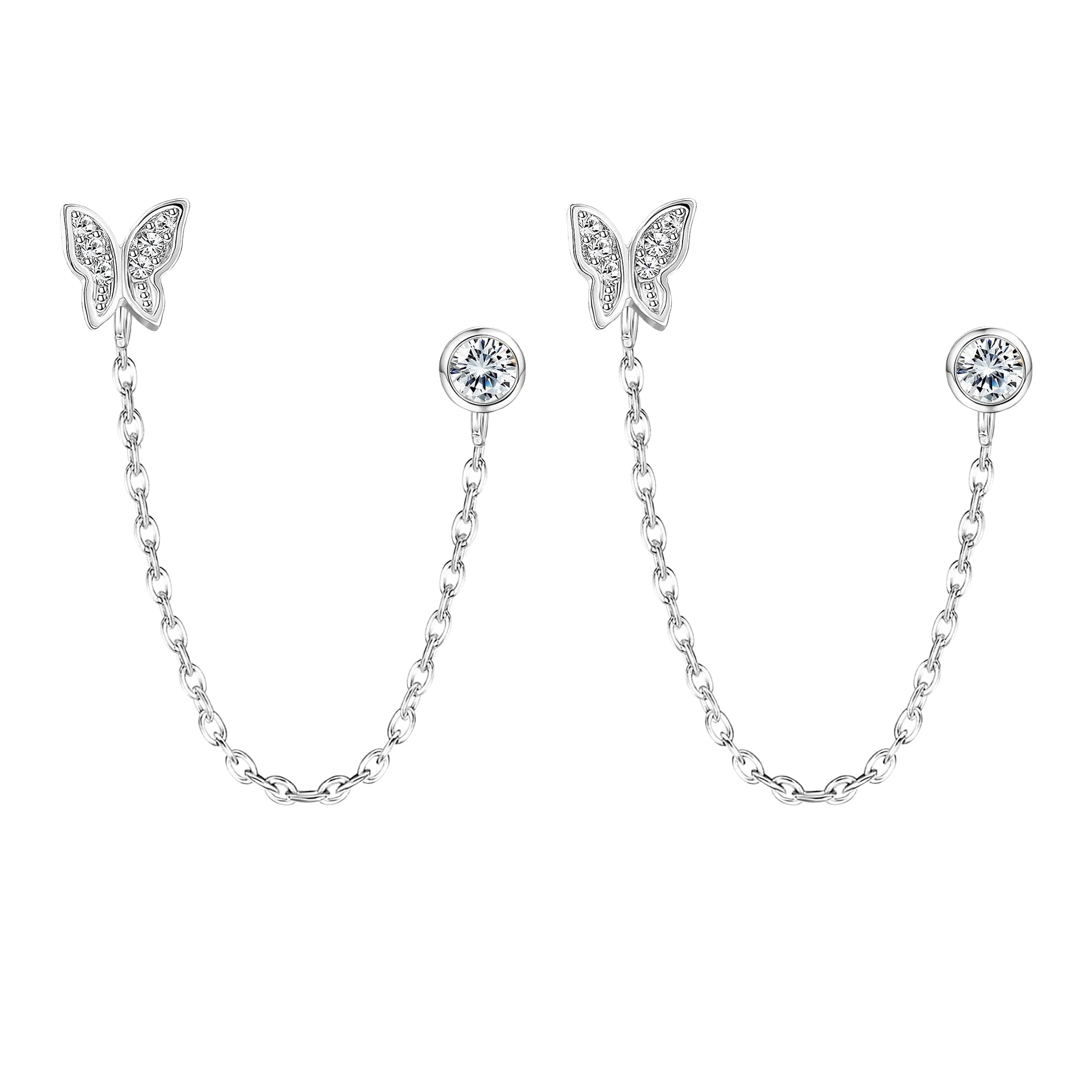 Finrezio 925 Pendientes de Cadena de Doble Orificio de Plata de Ley Para Mujeres Pendiente de Perno de Mariposa Minimalista Pendientes de Cadena de Cartílago Pendientes Hipoalergénicos