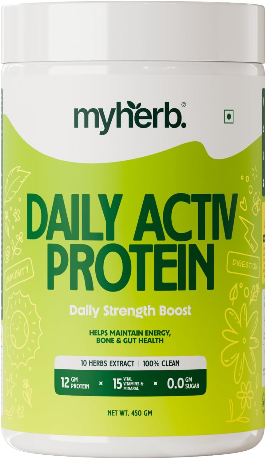 MYHERB Daily Active |36gm Protein (Whey+Pea Protein)|Stamina Supporting Hebrs Tulsi,Amla & 8 Herbs|Supports Everyday Nutrition,Bone Health & Immunity (450 g (Pack of 1), Chocolate)