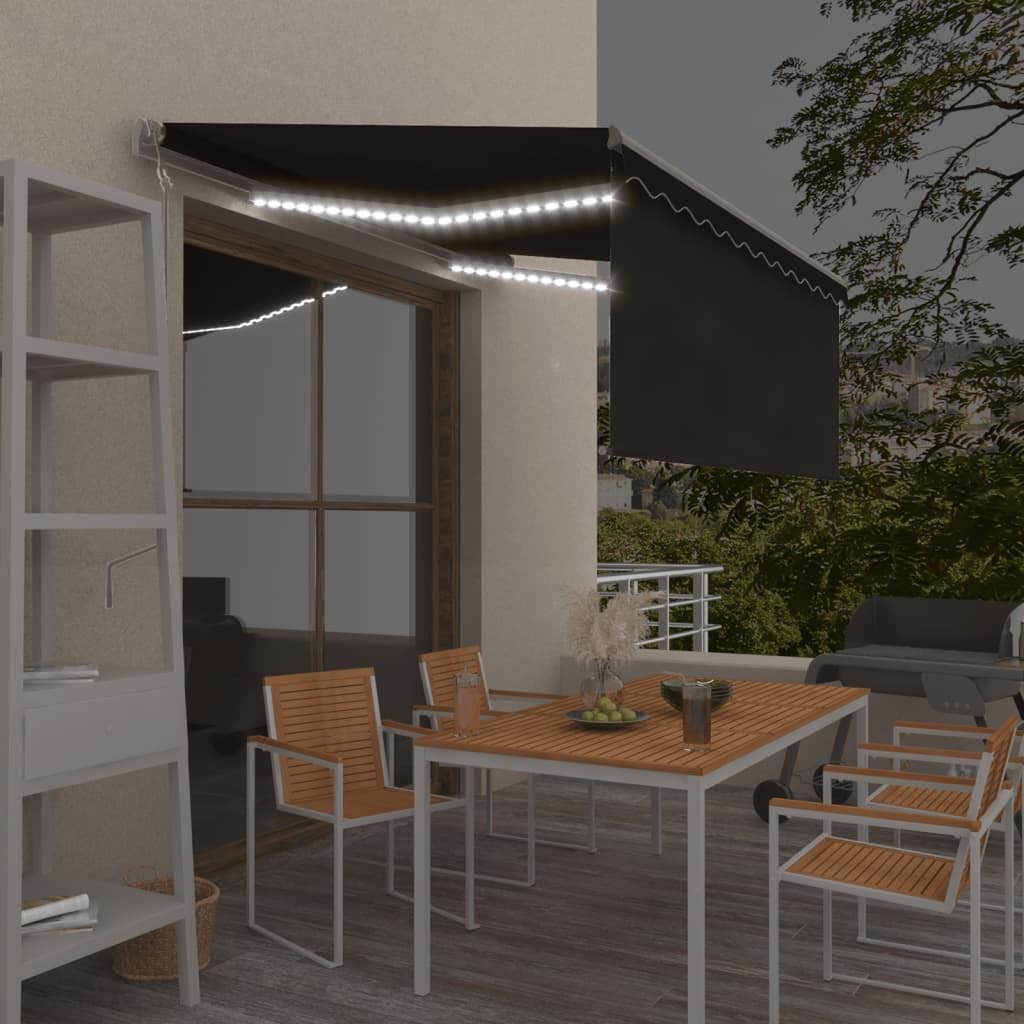 Toldo automático con luces LED y sensor de viento para cenas nocturnas en el porche