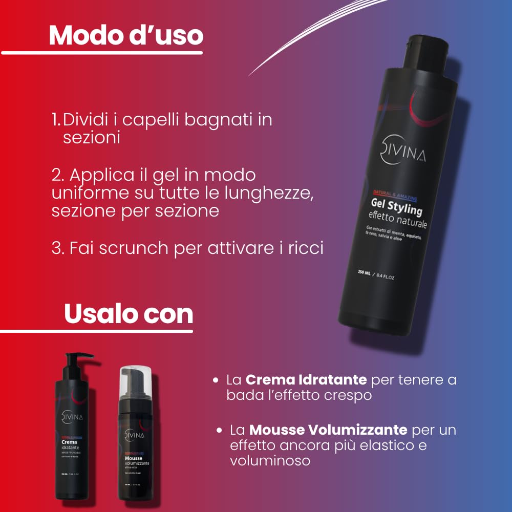 Gel Styling effetto naturale per capelli ricci con estratti di menta, equiseto, tè nero, salvia e aloe Natural&Amazing di DIVINA BLK (250ml)