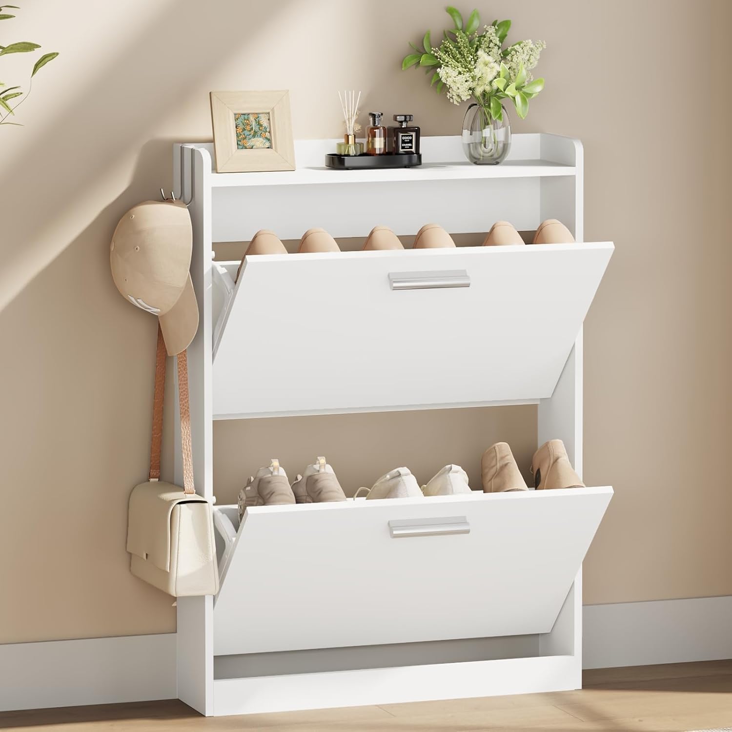 Draelibor Slim Shoe Cabinet for Entryway with 2 Flip Drawers, 23.6" W White | Freestanding shoe storage cabinet for entryway,foyer and hallway,Narrow design and space-saving flip drawers