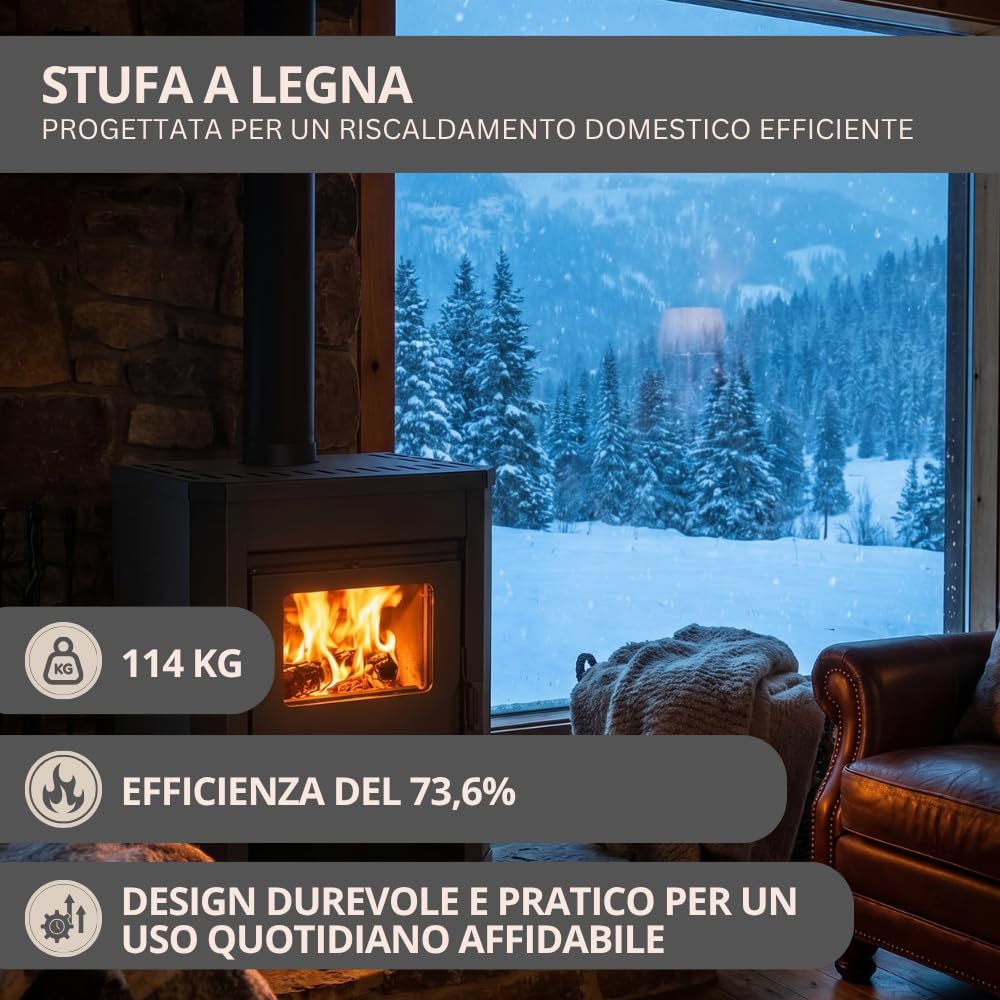 Prity WD, stufa a legna da 11 kW, grande focolare certificato CE, bruciatore a legna autoportante, conforme alla norma EN 13240