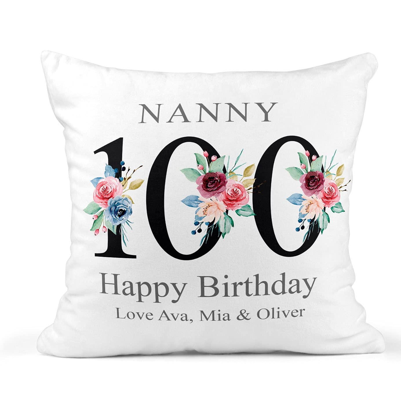 Personalised 100th Birthday Cushion - Floral 100 Number - Name and Message Gift โ image 1