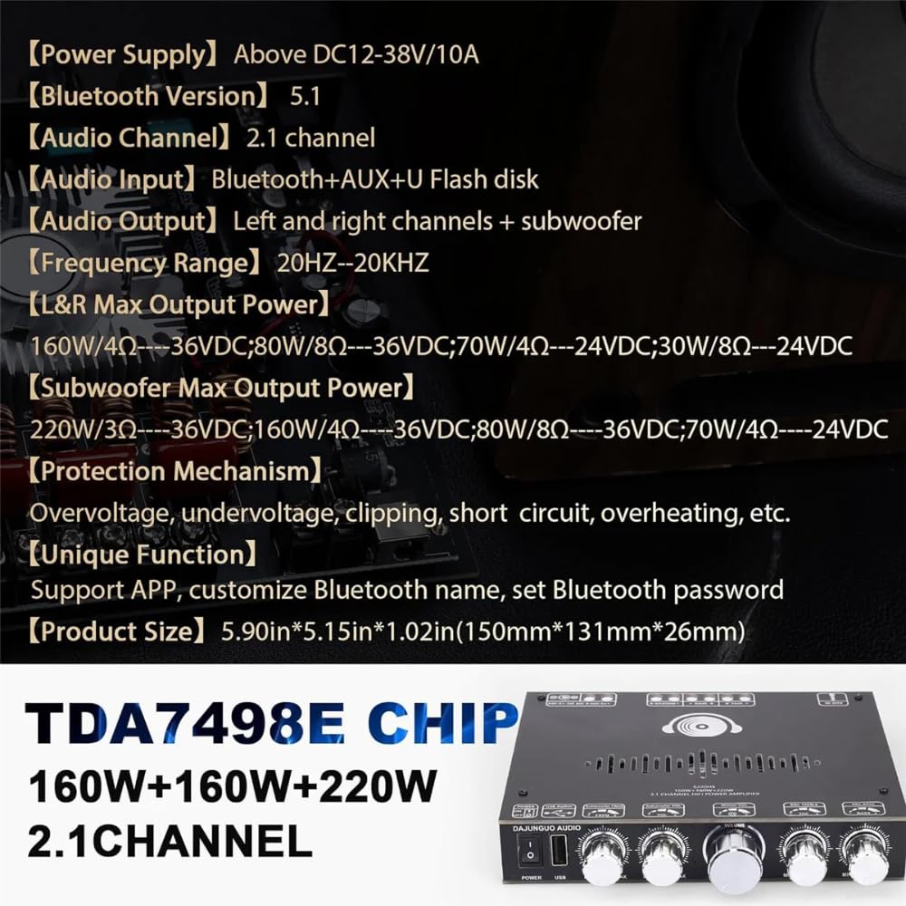 DollaTek 2.1-kana?owa p?ytka wzmacniacza Bluetooth, wysokiej jako?ci p?yta wzmacniacza Bluetooth, 160 W + 160 W + 220 W, obs?uguje sterowanie aplikacj?, obs?uguje wej?cie AUX USB Bluetooth 3,5 mm AUX