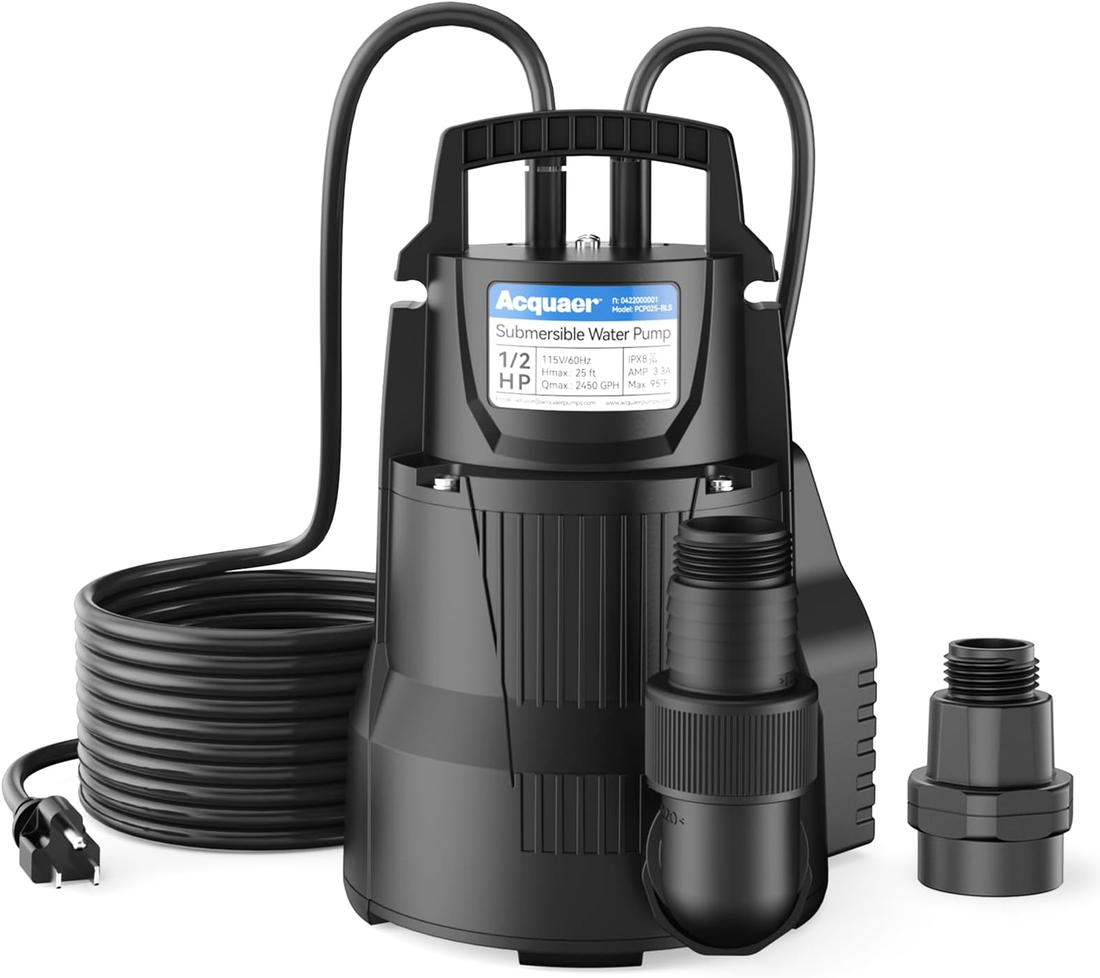 Acquaer 1/2 HP Automatic Sump Pump, 2450 GPH Submersible Water Pump with 3/4”Garden Hose Check Valve Adapter, Thermoplastic Utility Transfer Pump for Flooded Basement Pools Tub Draining, 19ft Cord